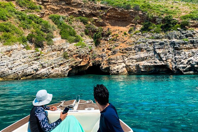 Vlore Private Boat Tour Blue Cave & Grama Bay Adventure - Inglezi Bay is a short stop with a secluded feel